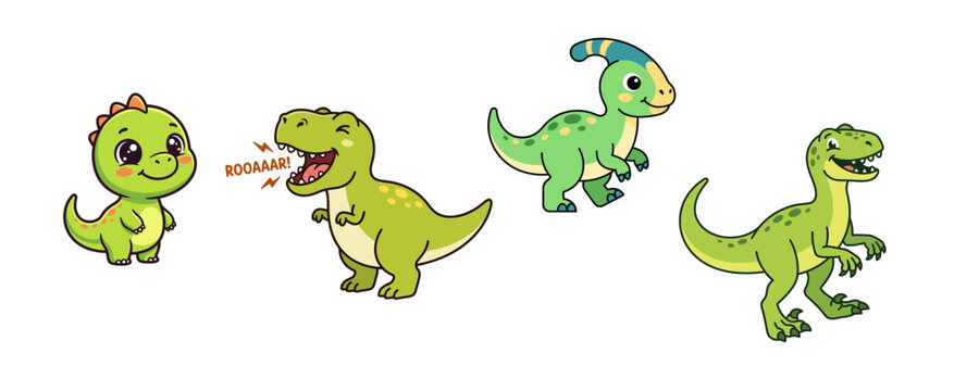 Set of cute green cartoon dinosaur characters including a baby dino a roaring t-rex a parasaurolophus and a velociraptor isolated on white background.
