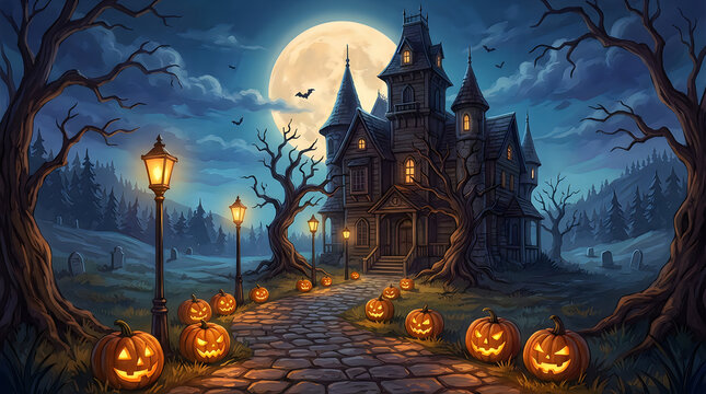 Spooky haunted house with glowing pumpkins on a path under a full moon in the dark forest for halloween