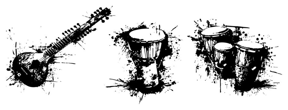 Ethnic musical instruments sitar and djembe drums with black ink splatters, music and culture grunge vector
