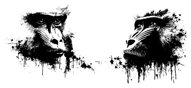 Mandrill baboon monkey portraits with black ink splatters, wild animal primate head grunge vector illustration