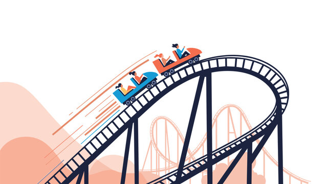 Group of excited people enjoys a thrilling ride on a colorful roller coaster as it speeds along a steep track at a fun-filled amusement park setting.