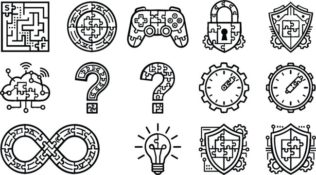 Cyber security and data protection puzzle icon vector set with padlock, network cloud, shield, gears, infinity loop, and clock.