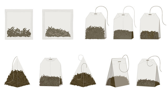 Comprehensive collection of tea bag designs in various shapes like pyramid and square shows different styles of packaging for loose leaf and herbal tea.