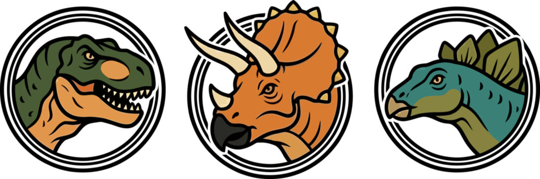 Dinosaur head icons in round frames featuring a fierce t-rex a triceratops and a herbivore dinosaur in stylized flat graphic vector illustration style.