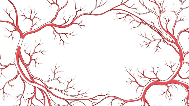 Intricate illustration of a human blood vessel network shows the complex branching of arteries and veins against a plain white background for medical study.