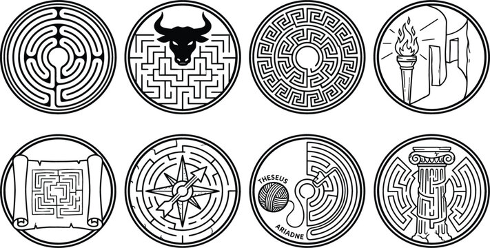 Ancient Greek Minotaur labyrinth icon vector set with maze circles, bull head, torch, compass, scroll map, and Theseus clew thread.
