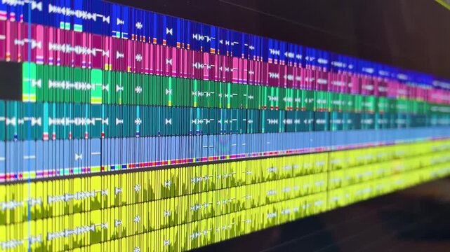 Macro view of a digital video post production timeline with multiple audio and video tracks, Film Editing, Editor