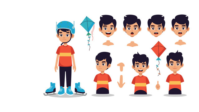 Detailed character creator sheet features a young boy with a blue helmet, ice skates, a kite, and various head and body options for animation.