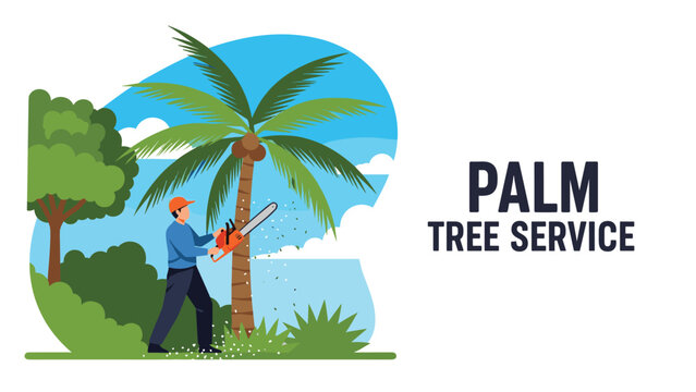 Professional tree service worker wearing a cap uses an orange chainsaw to prune a tall palm tree in a lush green outdoor setting.