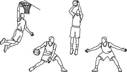 Basketball players line art collection dunking shooting and dribbling action poses vector illustration © DarparajDab