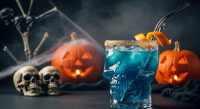 Halloween blue cocktail in a skull glass with pumpkins and skulls on a dark background