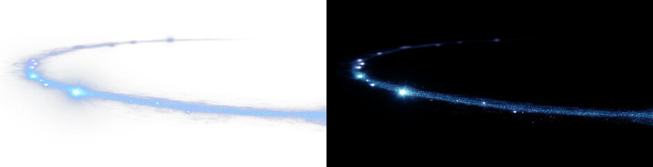 Abstract futuristic blue space orbit overlay, twin glowing planet ring with cosmic stardust particles on black background wide banner. Cinematic glowing blue magic dust curve with bokeh effect © Olena