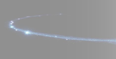 Abstract futuristic blue space orbit overlay, twin glowing planet ring with cosmic stardust particles on grey background wide banner. Cinematic glowing blue magic dust curve with bokeh effect © Olena