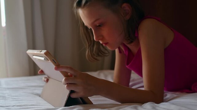Focused girl plays mobile game on tablet while lying on bed, using touch controls for indoor digital entertainment at home.