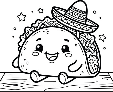 Cute cartoon taco wearing sombrero in vector style with smiling face and playful vibe