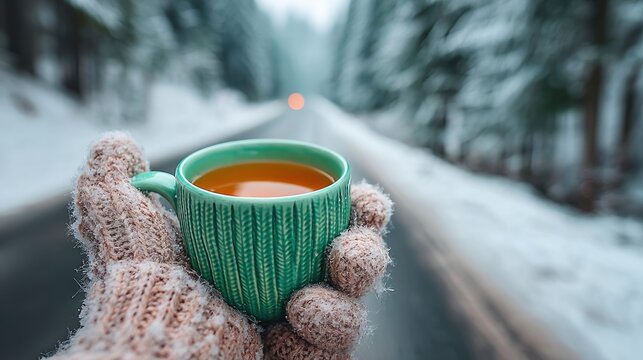 Cozy Green Mug Warm Beverage in Winter Gloves on Snowy Road