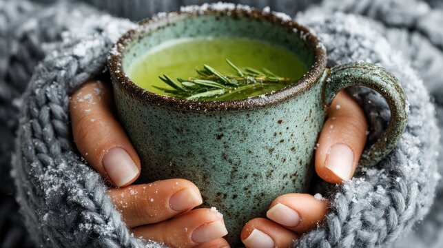 Cozy Hands Warmed by Green Herb Tea in Rustic Ceramic Mug