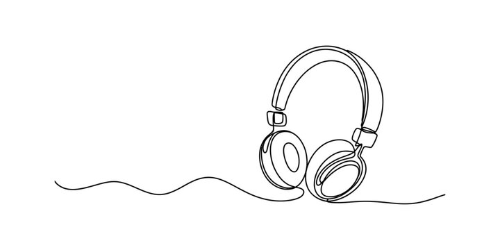 Continuous single line drawing of modern headphones for music listening isolated on a clean white background for minimalist design and technology projects Vector, illustration