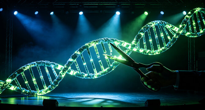 Genetic Manipulation and Gene Editing, Scissors Cutting Glowing DNA Helix, Modern Biotechnology Research