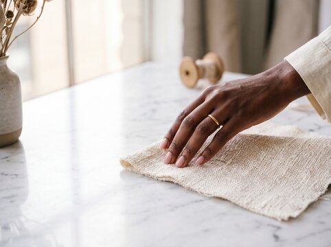 Close-up of a person's hand touching textured linen fabric on a marble table