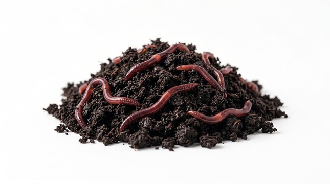 Red earthworms crawling in dark fertile soil, organic garden compost with live worms, healthy humus for agriculture and vermiculture isolated on White Background