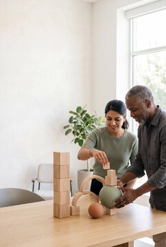 Happy Diverse Couple Collaborating and Building a Structure with Wooden Blocks and Geometric Shapes in a Bright Modern Interior