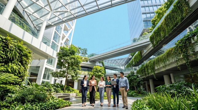 Diverse group of business professionals walking and talking in a modern sustainable office courtyard featuring lush vertical gardens and glass architecture