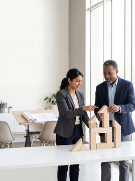 Diverse Business Professionals Collaborating and Building a Wooden Block Structure in a Modern Office