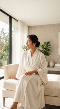 Serene woman in a white robe relaxing in a modern minimalist living room