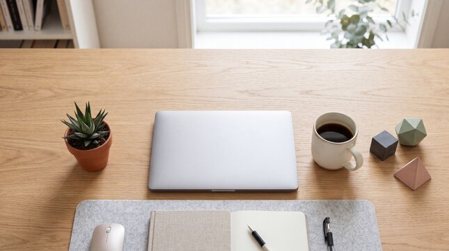 Modern minimalist home office workspace featuring a closed silver laptop, a cup of black coffee, a small succulent plant, and stationery on a light wooden desk