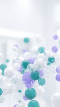 Abstract 3D network of connected teal and purple spheres on a bright white background representing data or molecules
