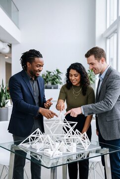 Diverse Team of Architects and Engineers Collaborating on a Complex 3D Geometric Model in a Modern Office