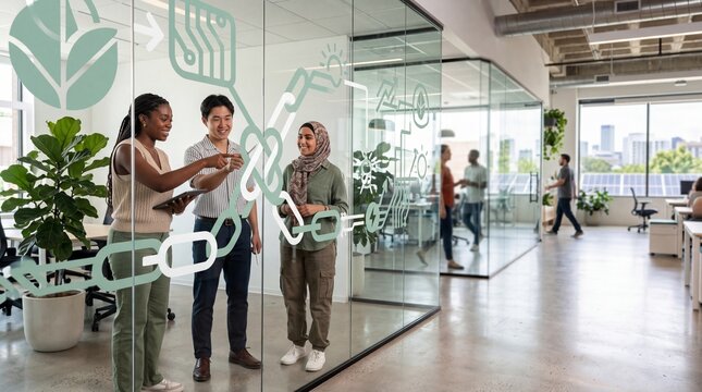 Diverse young professionals collaborating on a sustainable supply chain project in a modern, open-plan office with green technology graphics on glass walls