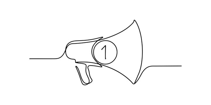 Continuous single line drawing of a megaphone or loudspeaker with the number one inside representing a top priority announcement or first place ranking icon Vector, illustration
