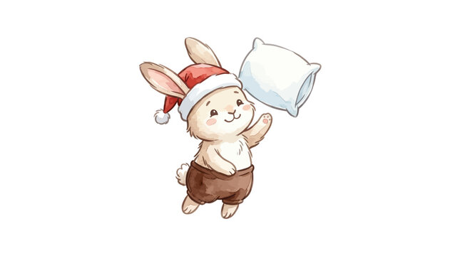 A cute cartoon rabbit wearing a festive hat holds a pillow