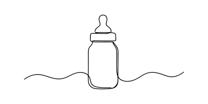 Continuous single line drawing of a baby milk bottle with a nipple for feeding, minimalist style black ink sketch icon for nursery or parenting concepts Vector, illustration