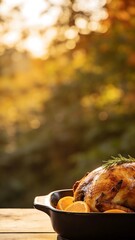 Golden roasted turkey with oranges and rosemary in a dark dish outdoors © Ася Андроник