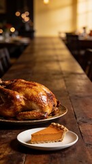 A perfectly roasted turkey and a slice of pumpkin pie on a rustic wooden table © Ася Андроник
