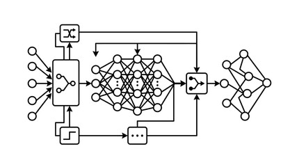 Fototapeta premium A technical diagram shows a complex digital neural network structure
