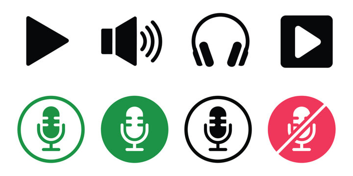 Media Control Vector Icons with Play, Speaker, Headphones and Microphone Symbols for Audio Interface and Multimedia Applications