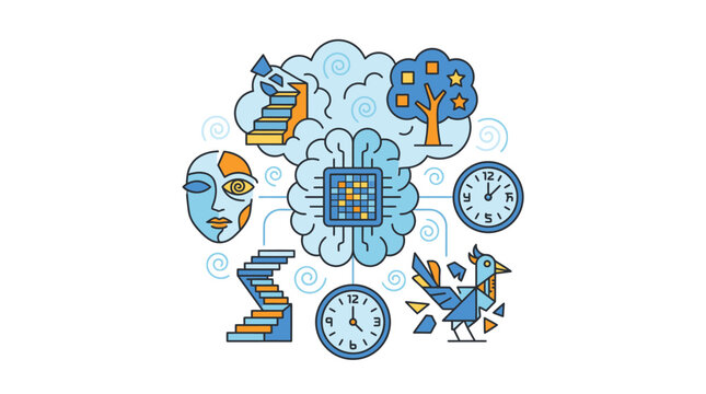 A digital brain illustration showing various abstract conceptual icons