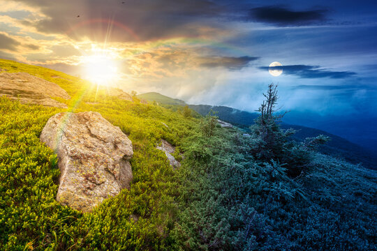 green landscape of mountain on summer solstice. view of rock among grass on the hillside. sun and moon in harmony over travel background and epic sky. mountain scenery with rolling hills