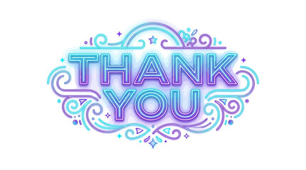 Fototapeta premium Elegant Thank You Typography Design Featuring Vibrant Neon Blue and Purple Glowing Artistic Swirls and Decorative Ornaments on a Clean White Background