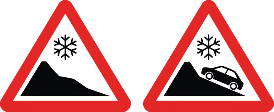 Slippery icy road warning signs icons illustration set, generic winter hazard symbols featuring snowflake and skidding vehicle graphics.