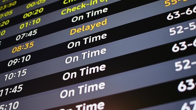 Airport departure board changes flight status from on time to delayed, warning passengers about disrupted travel plans today.