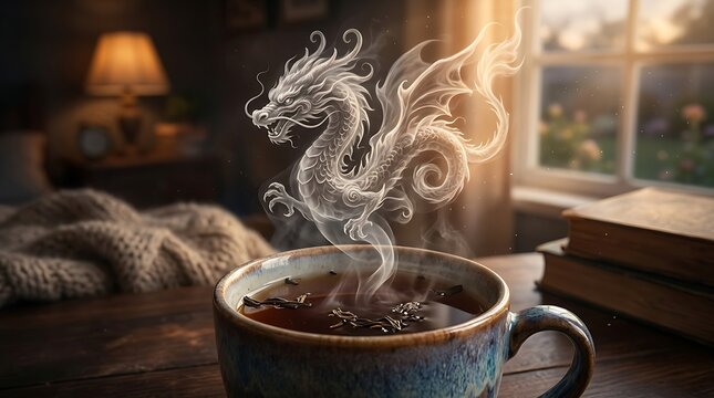 Steamy dragon rises from tea cup in cozy room