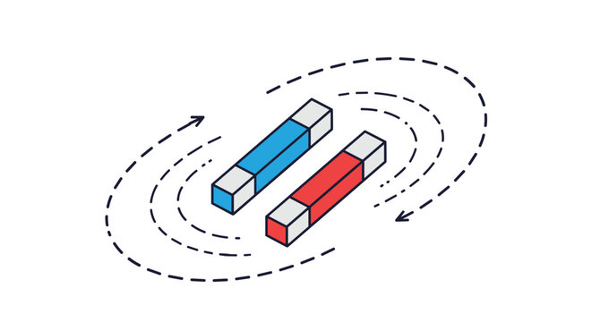 Scientific isometric vector illustration of two bar magnets with blue and red poles showing magnetic field lines.