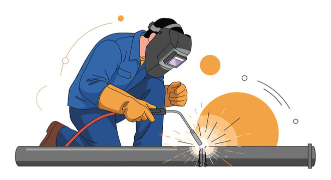 Experienced professional welder in blue uniform and protective mask welding a metal pipe in a modern flat style.