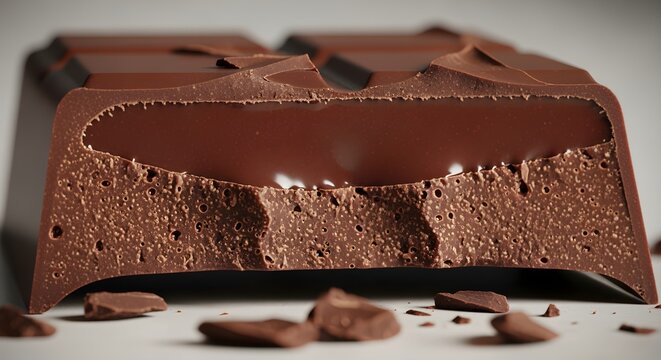 High-end chocolate bar broken open with glossy cocoa interior and macro texture.