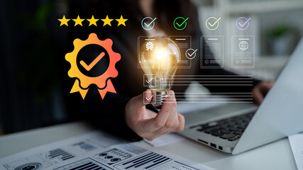 A business professional holds a glowing light bulb symbolizing innovative ideas, complemented by checklist icons and a five-star rating for quality assurance in a modern workplace setting. Cyphers © InfiniteFlow